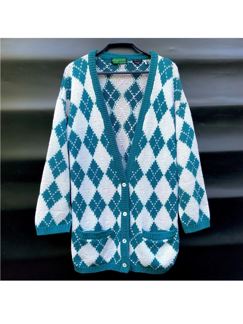 Teal and White Argyle Button-Front Women's Cardigan Sweater Size M